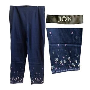 JON by TERI JON Embroidered Dark Blue Wash Jean Size 8 Ankle Pant Stretch-RARE